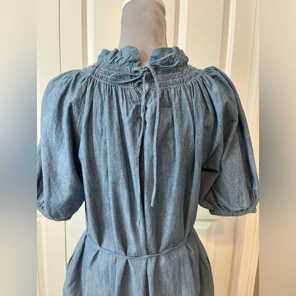 J. Crew Blue Denim Midi Dress with Smocked Neck - Picture 10 of 14